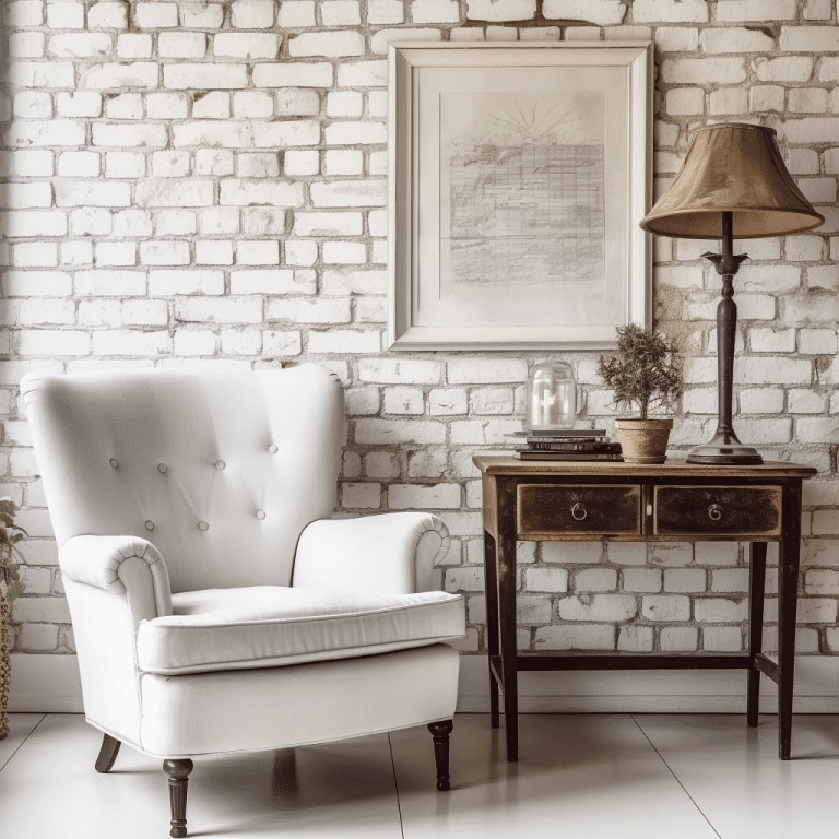 Limewashed brick in a beautiful modern living room