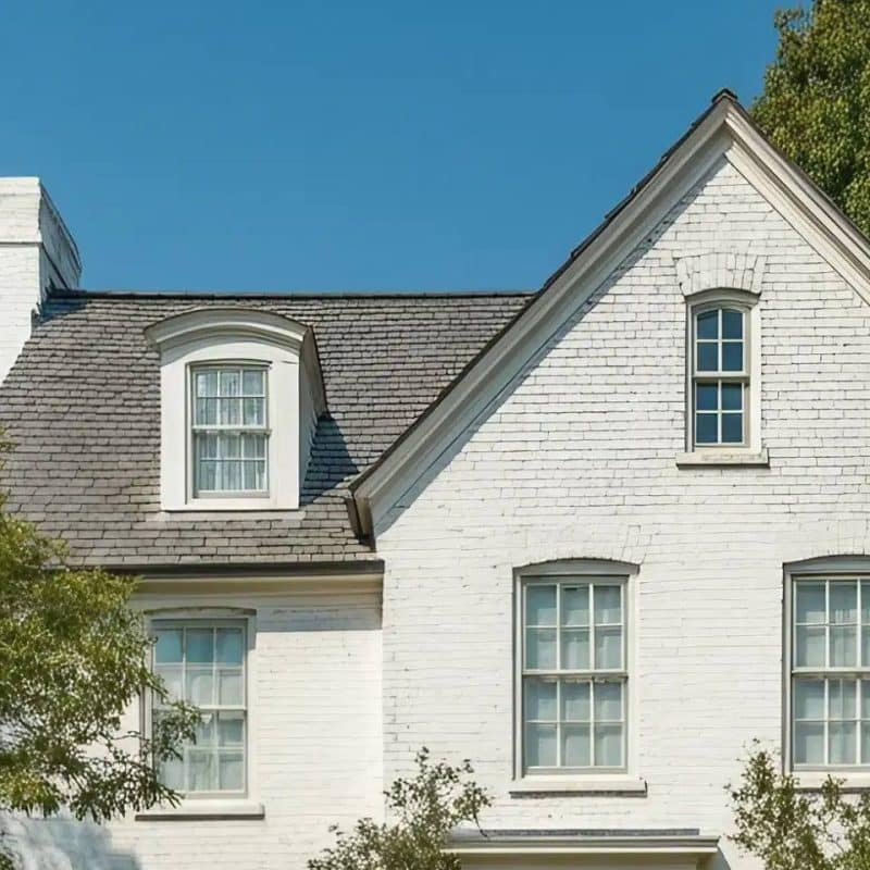 A white limewashed house in Seattle with trees around it