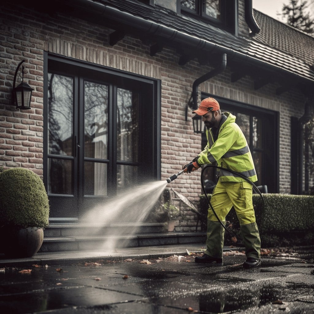 Man wearing a company uniform pressure washing the exterior of a home before painting
